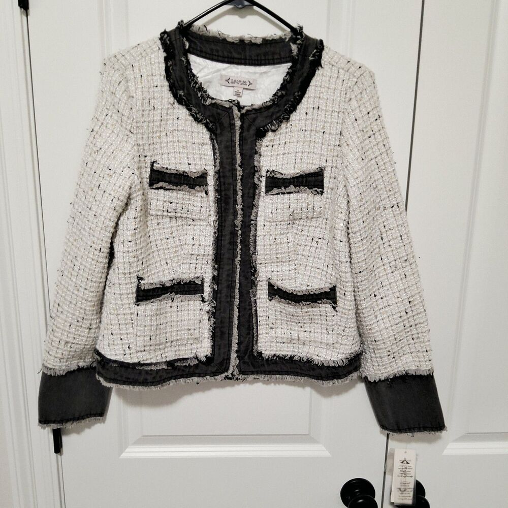 Nanette Lepore Denim Trim Bouclé Tweed Jacket Ivory/Black Size Small New w/Tags